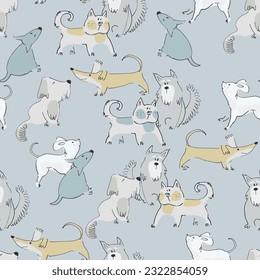 Seamless pattern with funny dogs playing. Perfect for kids. Bone, ball and terrier doodles on blue background