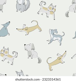 Seamless pattern with funny dogs playing. Perfect for kids. Bone, ball and terrier doodles on blue background