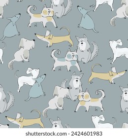 Seamless pattern with funny dogs playing. Perfect for kids. Bone, ball and terrier doodles on blue background