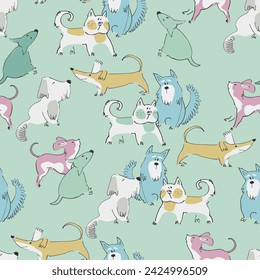 Seamless pattern with funny dogs playing. Perfect for kids. Bone, ball and terrier doodles on blue background