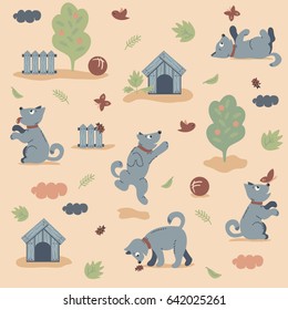 Seamless pattern of funny dogs playing in the garden with a butterfly, a bird and a ladybug