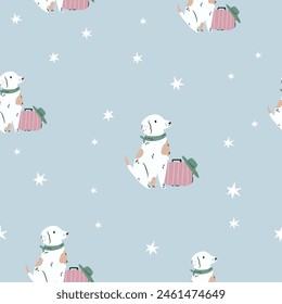 Seamless pattern with funny dogs and suitcases at blue background. Great for fabric, textile, print, wrapping paper