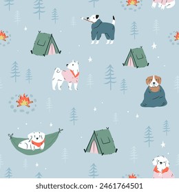 Seamless pattern with funny dogs and tents in the forest. Great for fabric, textile, print, wrapping paper