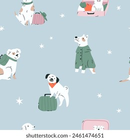 Seamless pattern with funny dogs and travelling vibes. Great for fabric, textile, print, wrapping paper