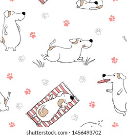 Seamless pattern with funny dogs. White dogs with brown spots. Colorful vector illustration in sketch style on white background. Hand-drawn.