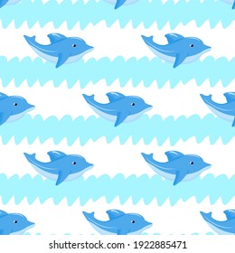 Seamless pattern with funny dolphin, blue waves. Vector background. Baby fabric textile. Summer backdrop. For wrapping, package product, t shirt clothes print. Animal digital paper