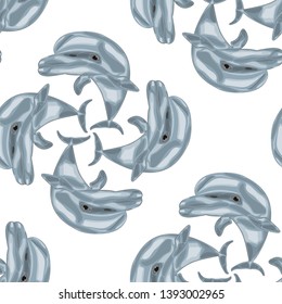 Seamless pattern with funny dolphins in cartoon style.