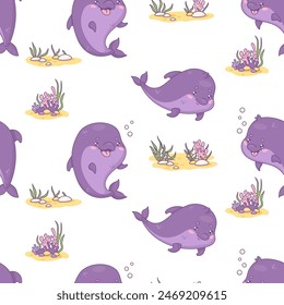 Seamless pattern with funny dolphins on white background. Vector illustration. Cartoon animal kawaii character. Kids collection