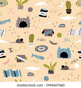 Patrón sin foco divertido de gatos domésticos, juguetes dispersos y comida. Nursery Vector ilustración a mano en un sencillo estilo escandinavo en una paleta pastel, ideal para imprimir tejidos para bebés, tejidos
