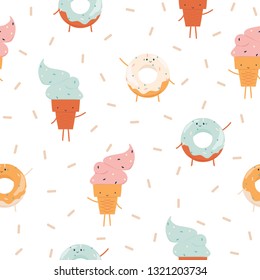 Seamless pattern with funny donut and ice cream. Kids pastel print. Vector hand drawn illustration.