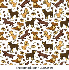 Seamless pattern with funny doodle cartoon dogs (vector)