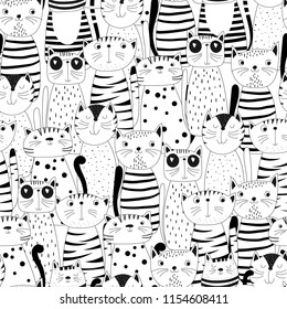 Seamless pattern with funny doodle cats. Vector illustration for children.