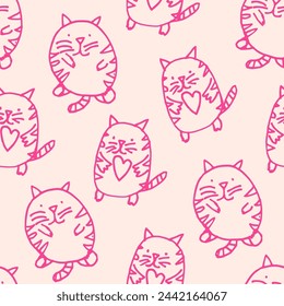 Seamless pattern with funny doodle cats with heart in paws. Outline contour hand-drawn illustration. Vector print.