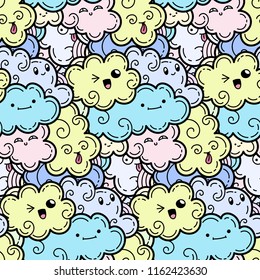 Seamless pattern with funny doodle clouds for prints, designs and coloring books. Vector kawaii illustration