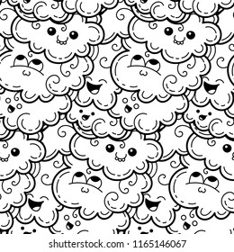 Seamless pattern with funny doodle clouds for prints, designs, cards and clothes. Vector kawaii illustration for coloring pages and books