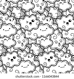 Seamless pattern with funny doodle clouds for prints, designs, cards and clothes. Vector kawaii illustration for coloring pages and books