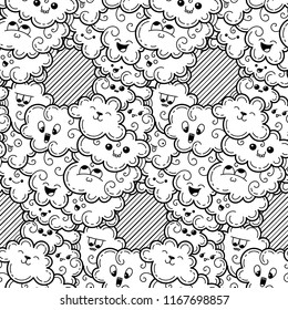 Seamless pattern with funny doodle clouds for prints, designs, cards and clothes. Vector kawaii illustration for coloring pages and books