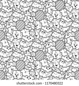 Seamless pattern with funny doodle clouds for prints, designs, cards and clothes. Vector kawaii illustration for coloring pages and books