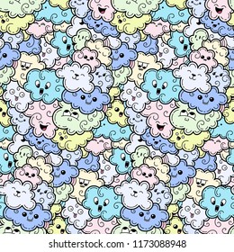 Seamless pattern with funny doodle clouds for prints, designs and coloring books. Vector kawaii illustration