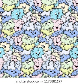 Seamless pattern with funny doodle clouds for prints, designs and coloring books. Vector kawaii illustration