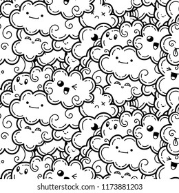 Seamless pattern with funny doodle clouds for prints, designs, cards and clothes. Vector kawaii illustration for coloring pages and books