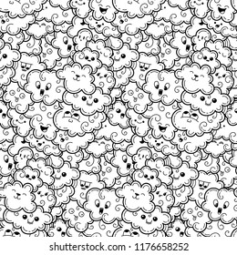 Seamless pattern with funny doodle clouds for prints, designs, cards and clothes. Vector kawaii illustration for coloring pages and books