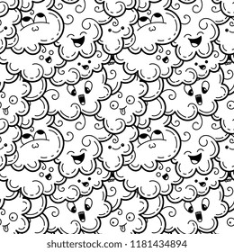 Seamless pattern with funny doodle clouds for prints, designs, cards and clothes. Vector kawaii illustration for coloring pages and books Seamless pattern with funny doodle clouds for prints, designs, cards and clothes. Vector kawaii illustration for coloring pages and books