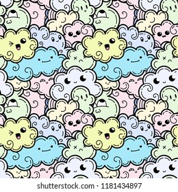 Seamless pattern with funny doodle clouds for prints, designs and coloring books. Vector kawaii illustration