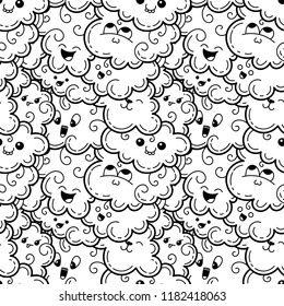 Seamless pattern with funny doodle clouds for prints, designs, cards and clothes. Vector kawaii illustration for coloring pages and books