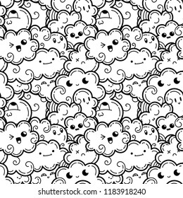 Seamless pattern with funny doodle clouds for prints, designs, cards and clothes. Vector kawaii illustration for coloring pages and books Seamless pattern with funny doodle clouds for prints, designs, cards and clothes. Vector kawaii illustration for coloring pages and books