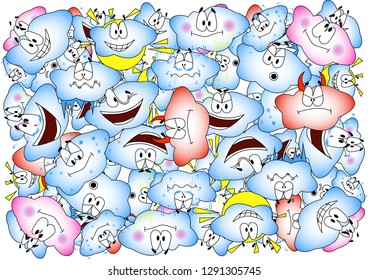 Seamless pattern with funny doodle clouds for prints, designs and coloring books. The mood of the clouds is different.Clouds with funny faces for different moods.