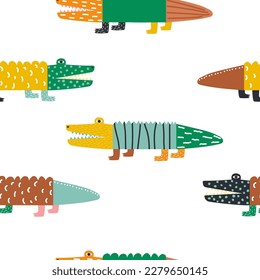 Seamless pattern with funny doodle crocodiles. Cute childish print. Vector hand drawn illustration.