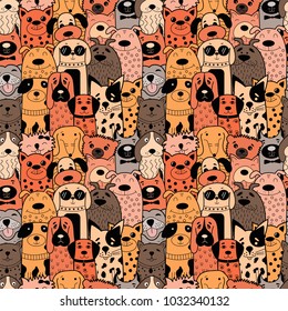 Seamless pattern with funny doodle dogs. Vector illustration. Can be used for textile, website background, book cover, packaging. 