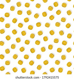 Seamless pattern of funny doodle flat style golden coin money rain with coins in funny grotesque style