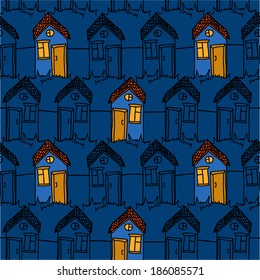 Seamless Pattern with Funny Doodle Houses in the Nighttime