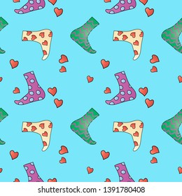 Seamless pattern with funny doodle outline socks, hearts and blue background. Vector illustration.