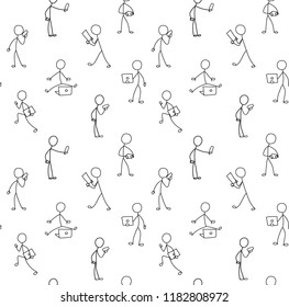 Seamless pattern with funny drawing people with gadget. Simple vector illustration 