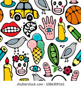 Seamless pattern with funny  drawings. Colorful endless wallpaper in doodle style.