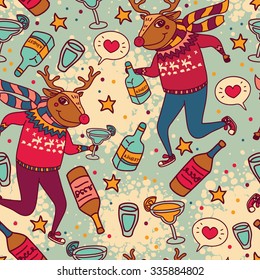 seamless pattern with funny drinking christmas deer, vector illustration for winter party