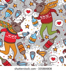 seamless pattern with funny drinking christmas deer, vector illustration for winter party