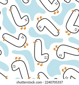 Seamless pattern of funny duck with river on white background.Farm animal character design.Cute cartoon kid.Kawaii.Vector.Illustration.