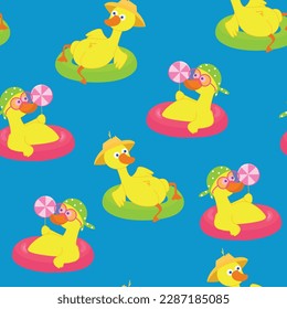 Seamless pattern of funny ducks swimming in the water on the rings for the pool. The ducks are dressed in a hat, glasses and a polka dot bandana. Positive children's illustration in cartoon style.