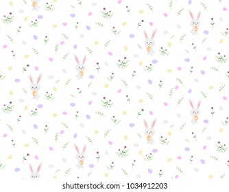 Seamless pattern of funny Easter Bunny and eggs on white background.