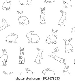 Seamless Pattern of funny Easter Rabbit isolated on white. Simple Outline Vector Illustration.