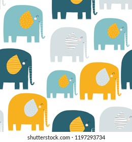 Seamless pattern with funny elephants. Kids fashion print. Vector hand drawn illustration.