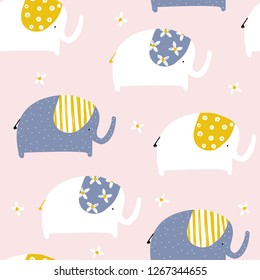 Seamless pattern with funny elephants. Kids trendy print. Vector hand drawn illustration.
