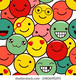 Seamless pattern with funny emoticons. Emoji faces in different expression. Endless texture can be used for textile pattern fills, t-shirt design, web page background. Vector EPS8
