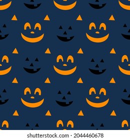 A seamless pattern with funny emotions or a pumpkin face silhouette. In the cartoon style of the Halloween holiday