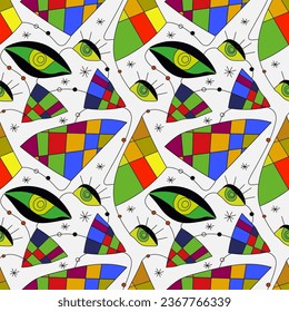 Patrón sin foco con ojos divertidos inspirados en Juan Miro. Una línea, círculos, formas abstractas. el humor de la fiesta, el humor, el carnaval. Piezas de colores. Para textiles, invitaciones, papel de embalaje, papel tapiz