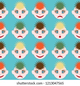 Seamless pattern with funny faces. The image of colored hair of different colors and different emotions. Vector EPS10. Clipping mask applied. This pattern is available as Swatches.